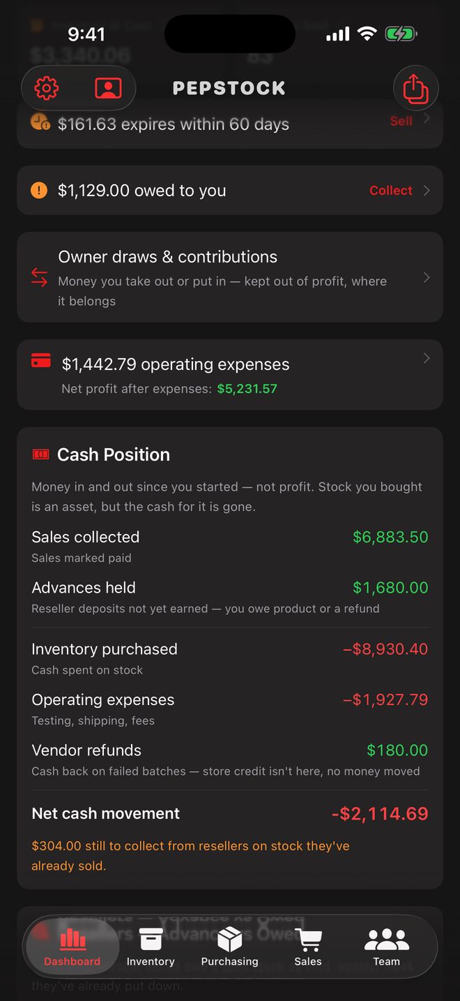 Cash Position breaking out sales collected, advances held, inventory purchased, operating expenses and vendor refunds